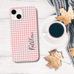 Monogramm Name Pink Weiß Gingham Karo Kariert Case-Mate iPhone 14 Hülle