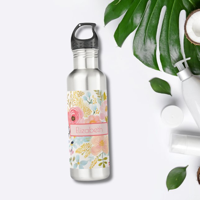 Monogramm Name Rosa Bläschen Botanische Wasserfarb Edelstahlflasche (Monogram Name Initials Pink Floral Watercolor Botanical Stainless Steel Water bottle)