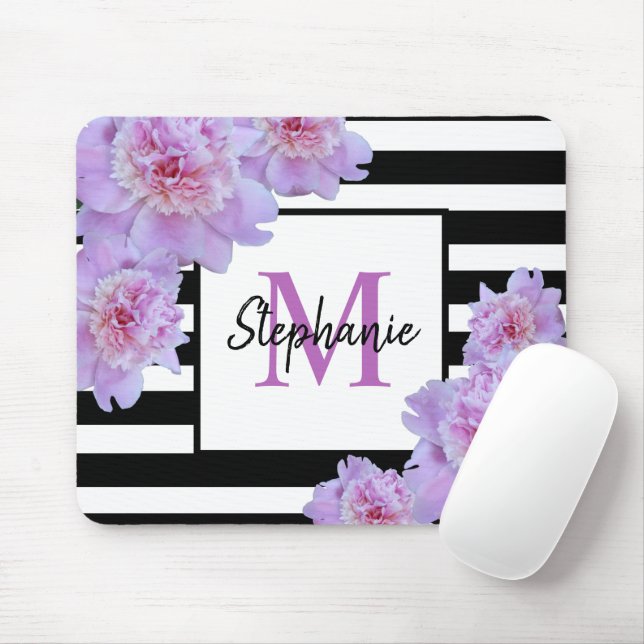 Monogramm Name Rosa Blume Schwarzer Streifen Lila Mousepad (Mit Mouse)