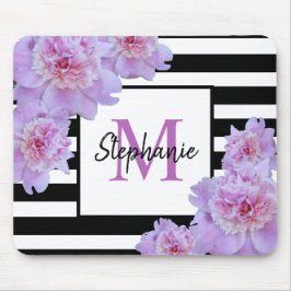 Monogramm Name Rosa Blume Schwarzer Streifen Lila Mousepad
