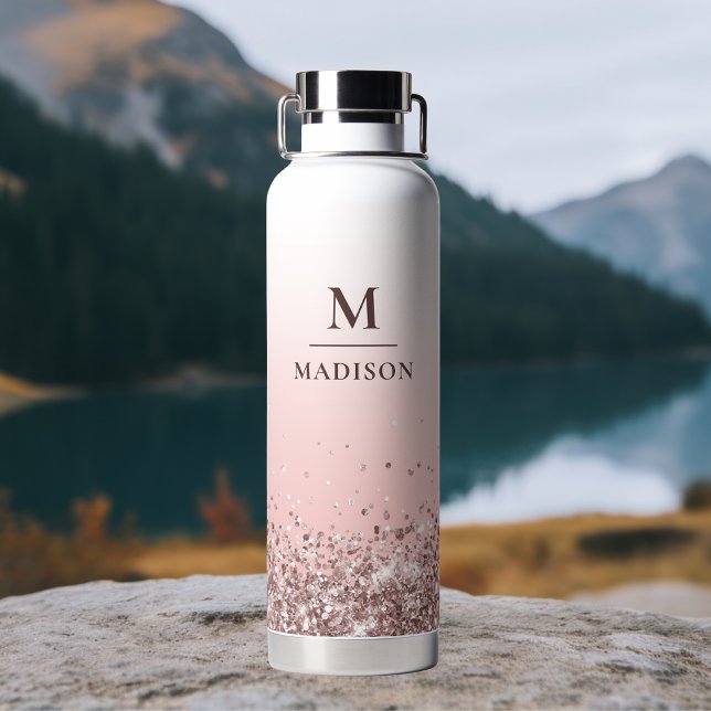 Monogramm Name Rosa Glitzer Stilvoll Mit Monogramm Trinkflasche (Von Creator hochgeladen)
