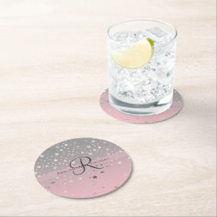 Monogramm Name Rosa Grau Silber Sterne Hochzeit Runder Pappuntersetzer