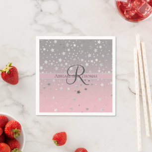 Monogramm Name Rosa Grau Silber Sterne Hochzeit Serviette