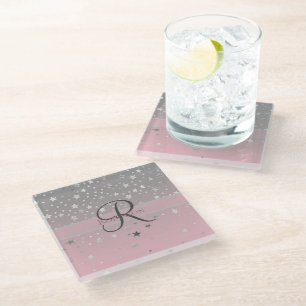 Monogramm Name Rosa Grau Silber Sterne Trend Glasuntersetzer