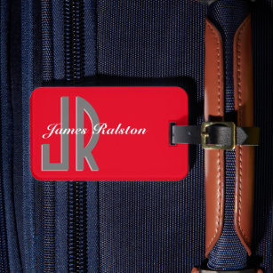 Monogramm/Name, rot, grau und weiß personalisieren Gepäckanhänger