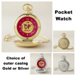 Monogramm Name rot und Gold mit Pfeil und Punkten Taschenuhr<br><div class="desc">Personalisieren Sie diese Taschenuhr mit Initialen,  Monogramm und einem Namen. Auch die Worte 'Don't be Late' können geändert werden. Rot mit einem blass goldenen Kreis und einem roten Pfeil und Punkten.</div>