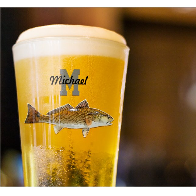 Monogramm Name Rotbarsch Fischen Männer Sport im F Glas (For those who love to reel in a Redfish! The perfect monogram glassware, beer glass, drinking glass)