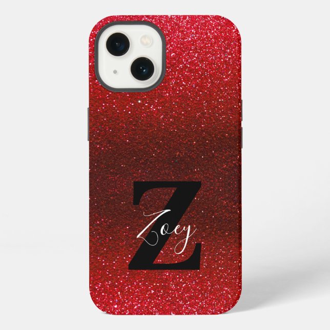 Monogramm Name Ruby Rot Ombre Glitter Funkeln iPhone Hülle (Rückseite)