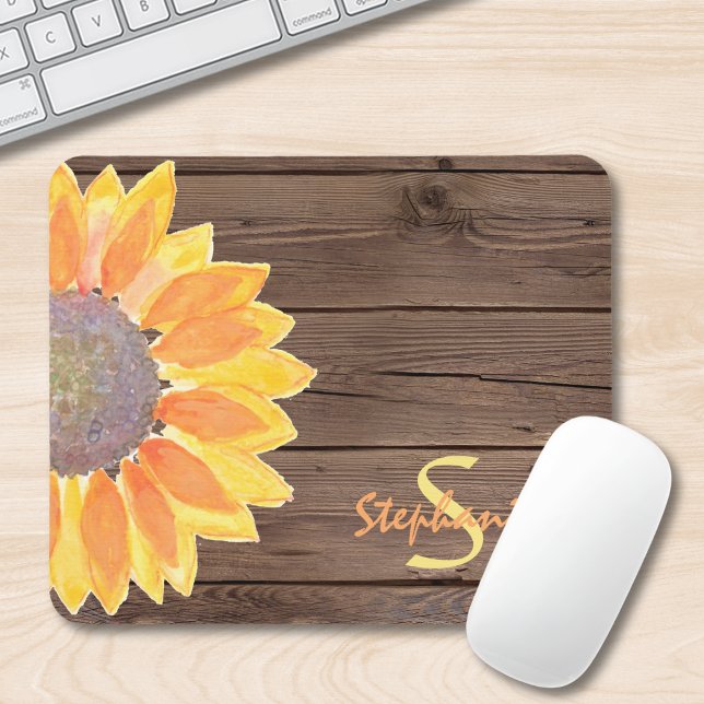Monogramm Name Rustic Sunflower Wood Mousepad (Von Creator hochgeladen)