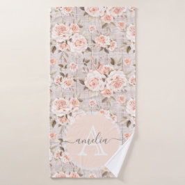 Monogramm Name Rustikales Holz und Vintage Rose Ro Badehandtuch