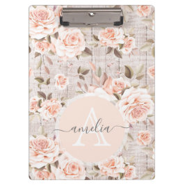 Monogramm Name Rustikales Holz und Vintage Rose Ro Klemmbrett