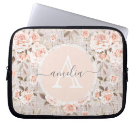 Monogramm Name Rustikales Holz und Vintage Rose Ro Laptopschutzhülle