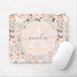 Monogramm Name Rustikales Holz und Vintage Rose Ro Mousepad