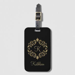 Monogramm Name Schwarz Gold Glitter Damast Flouris Gepäckanhänger