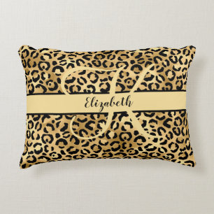 Monogramm Name Schwarz Gold Leopard Gepard Druck Dekokissen
