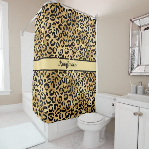 Monogramm Name Schwarz Gold Leopardenprint Gepard Duschvorhang