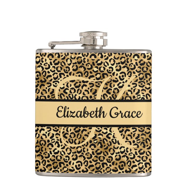 Monogramm Name Schwarz Gold Leopardenprint Gepard Flachmann (Vorderseite)