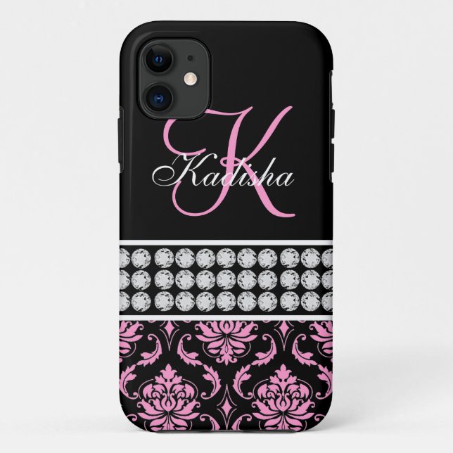 Monogramm Name Schwarz Pink Damast iPhone 5 Hülle (Rückseite)