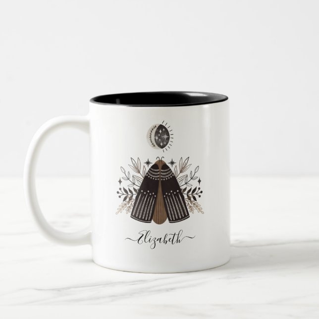 Monogramm Name Schwarz-weiß Butterfly Zweifarbige Tasse (Links)