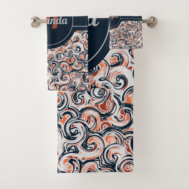 Monogramm Name Schwarz-weiß Orange Abstraktes Must Badhandtuch Set (Insitu)
