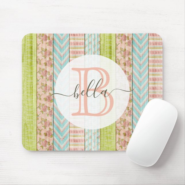 Monogramm Name Shabby-Rose auf rustikale Hütte Mousepad (Mit Mouse)