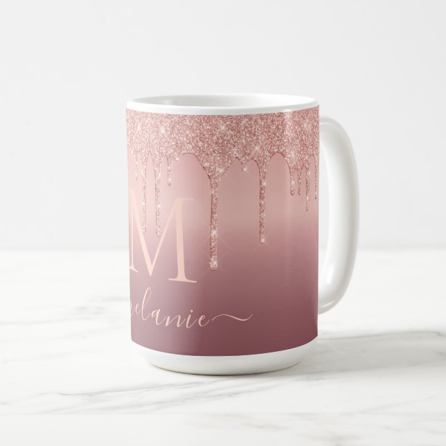 Monogramm Name Text Rose Gold Glitzer Kaffee Tasse (VorderseiteRechts)
