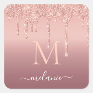Monogramm Name Text Roségold Rosa Glitter Funkeln Quadratischer Aufkleber
