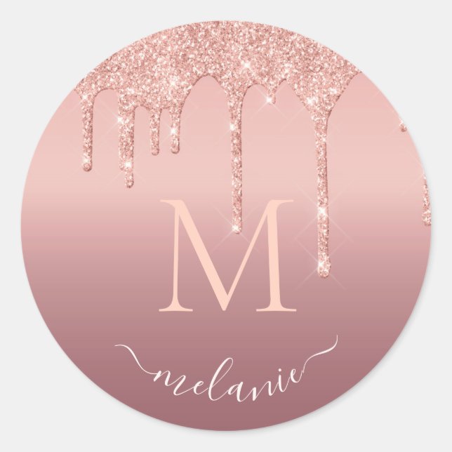 Monogramm Name Text Roségold Rosa Glitter Funkeln Runder Aufkleber (Vorderseite)