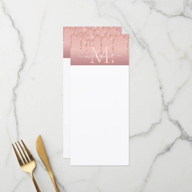 Monogramm Name Text Roségold Rosa Glitter Menu Menükarte (Vorderseite/Rückseite Beispiel)