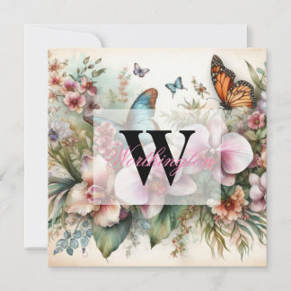 Monogramm Name Tropische Blume Blätter Aquarell Einladung