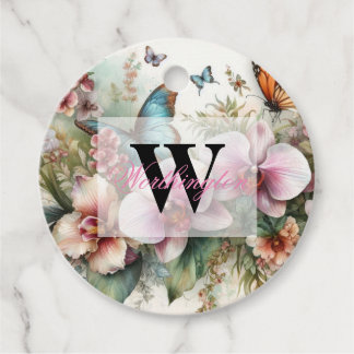 Monogramm Name Tropische Blume Blätter Aquarell Geschenkanhänger