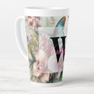 Monogramm Name Tropische Blume Blätter Aquarell Milchtasse
