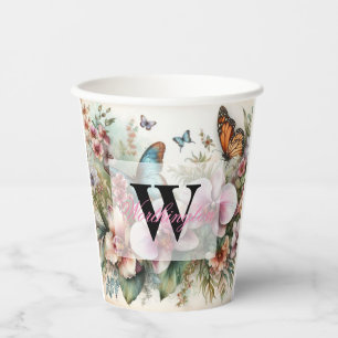 Monogramm Name Tropische Blume Blätter Aquarell Pappbecher