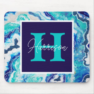 Monogramm-Name Türkis und Blauer Marmor Mousepad