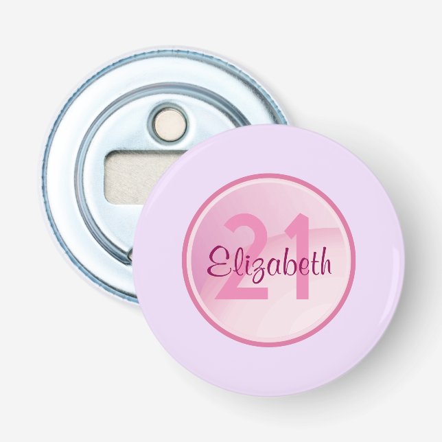 Monogramm - Name und Alter auf einem rosa Kreis Flaschenöffner (Vorderseite)