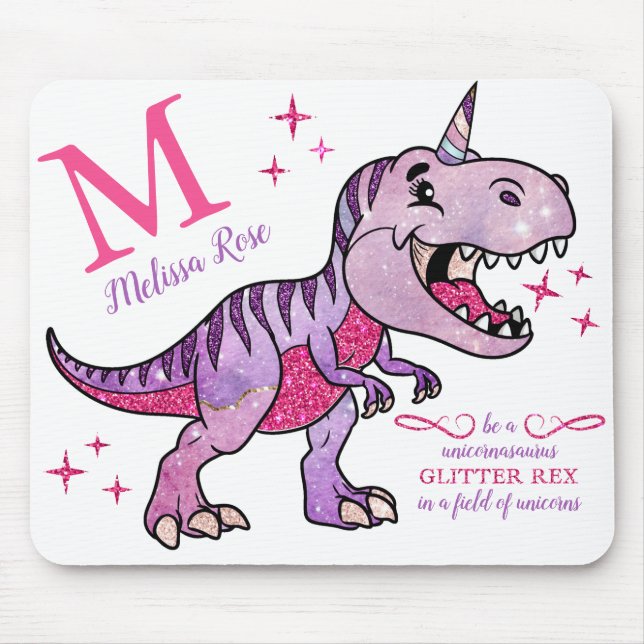 Monogramm Name Unicornasaurus Pink Glitzer Rex Mousepad (Vorne)