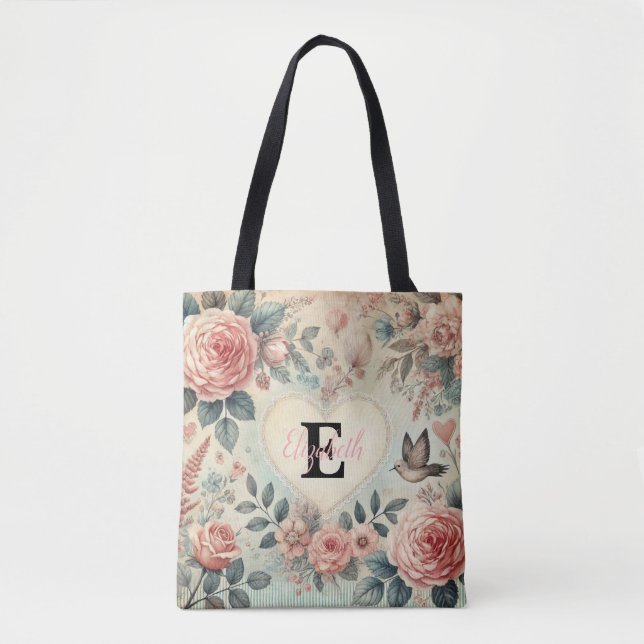 Monogramm Name Vintag romantische Herzen Rosa Blüt (Vorderseite)