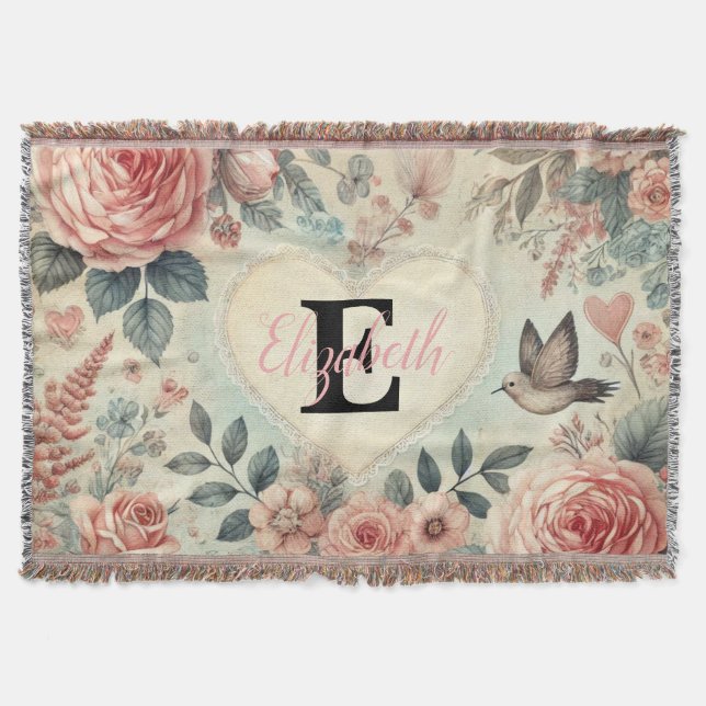 Monogramm Name Vintag romantische Herzen Rosa Blüt Decke (Vorderseite)
