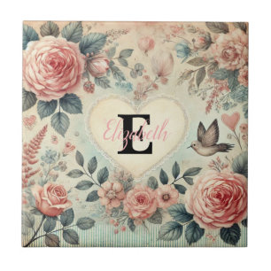 Monogramm Name Vintag romantische Herzen Rosa Blüt Fliese