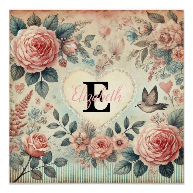 Monogramm Name Vintag romantische Herzen Rosa Blüt Poster (Vorderseite)