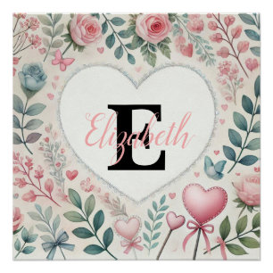 Monogramm-Name Vintage-Herzen Blumenaquarell  Poster