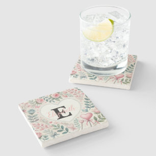 Monogramm Name Vintage-Herzen Blumenaquarell Steinuntersetzer