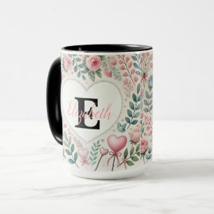 Monogramm-Name Vintage-Herzen Blumenaquarell  Tasse