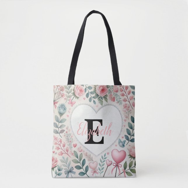 Monogramm Name Vintage Herzen Blumenaquarine (Vorderseite)