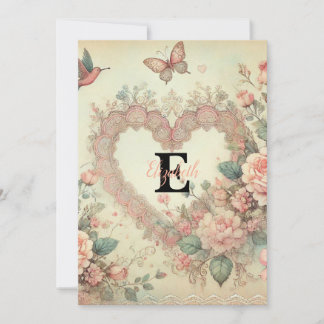 Monogramm Name Vintage Herzen Blumenaquarine Feiertagskarte