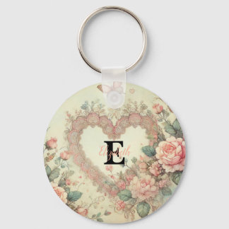 Monogramm Name Vintage Herzen Blumenaquarine Schlüsselanhänger