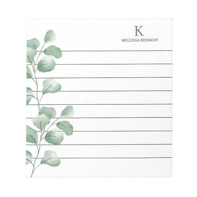 Monogramm Name Wasserfarbe Eukalyptus Schwarz Umra Notizblock (Vorderseite)