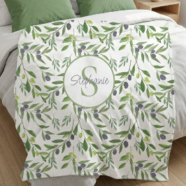 Monogramm-Name-Wasserfarbe-Oliven-Muster  Fleecedecke