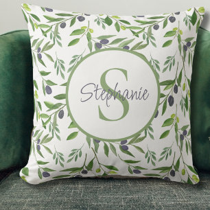 Monogramm-Name-Wasserfarbe-Olivenmuster Kissen