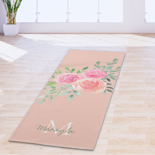 Monogramm Name Wasserfarbe Rosa Floral Yogamatte